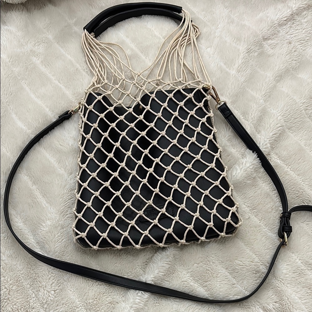 Black Cream Mesh Net Tote Bag with Diamond Pattern